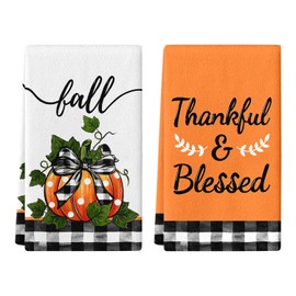 SUZEJHE Fall Hand Towels for Bathroom Set of 2, Autumn Thankful Blessed Pumpkin Buffalo Plaid Bath Hand Towels for Kitchen Home Hotel Gym Spa Yoga Farmhouse Thanksgiving Decorative 18x26 Inch