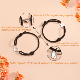YELUWA Magnetic Couple Bracelet for Connected Couples, Partner Bracelets Heart Magnetic Christmas Gifts for Men Women Gifts Couple Bracelet Wedding Anniversary Gift for Him Black FR, Nylon, Bead