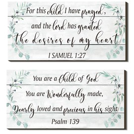Yookeer 2 Pcs Wood Nursery Wall Decor for Girls Boys Baby Girl Room Decor Nursery Christian Wall Art This Child I Have Prayed Bible Quote Hanging Sign for Kids Home 12 x 6 Inch(Greenery)