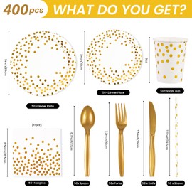 400PCS White and Gold Party Supplies -Disposable Dinnerware Set Includes Paper Plates Napkins Cups Straws Forks Knives and Spoons for Engagement Graduation Birthday Party Decorations, Serve 50