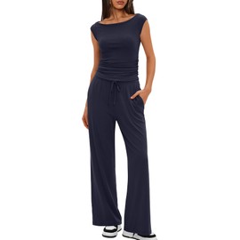Darong Womens 2 Piece Outfits Trendy Summer Sets Sleeveless Top And Wide Leg Pants 2025 Casual Lounge Set Tracksuit 9109A Dark Blue L