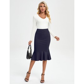 SLOWCOLIN Women's Pencil Skirt High Waist Stretch Work Dressy Casual Midi Bodycon Fishtail Skirt Below Knee Navy Blue L