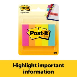 Post-it Page Markers, Assorted Colors, 1/2 in x 2 in, 100 Sheets/Pad, 5 Pads/Pack (670-5AN)
