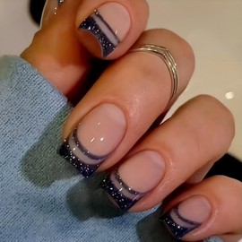 Rchovsam Black Press on Nails Medium Square Nails Press Ons French Black Glitter Designs False Nails Full Cover Glossy Artificial Acrylic Fake Nails 24pcs Gift for Women - Black Glitter