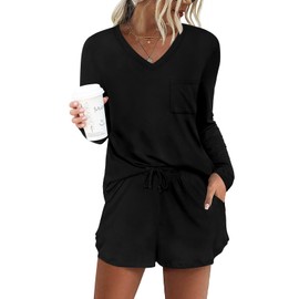 DB MOON Womens Long Sleeve Lounge Set 2 Piece Cute Short Pajamas Sets With Pockets Sleep Wear L, Black