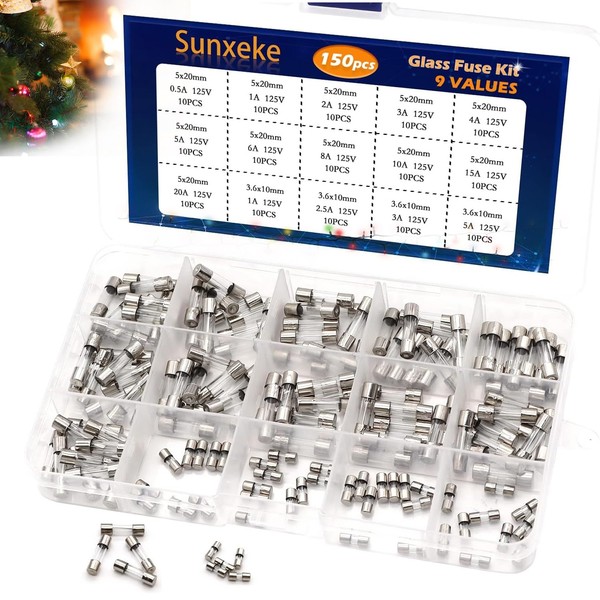 Sunxeke 15 Values 150 Pcs 125V Fast Blow Glass Fuses