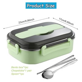 Yharnamite Thermal Lunch Box, 2-Compartment Stainless Steel Keep Warm Lunch Box Portable Leakproof Insulated Lunch Box with Cutlery Holder for Students, Office Workers, Travel (Green)