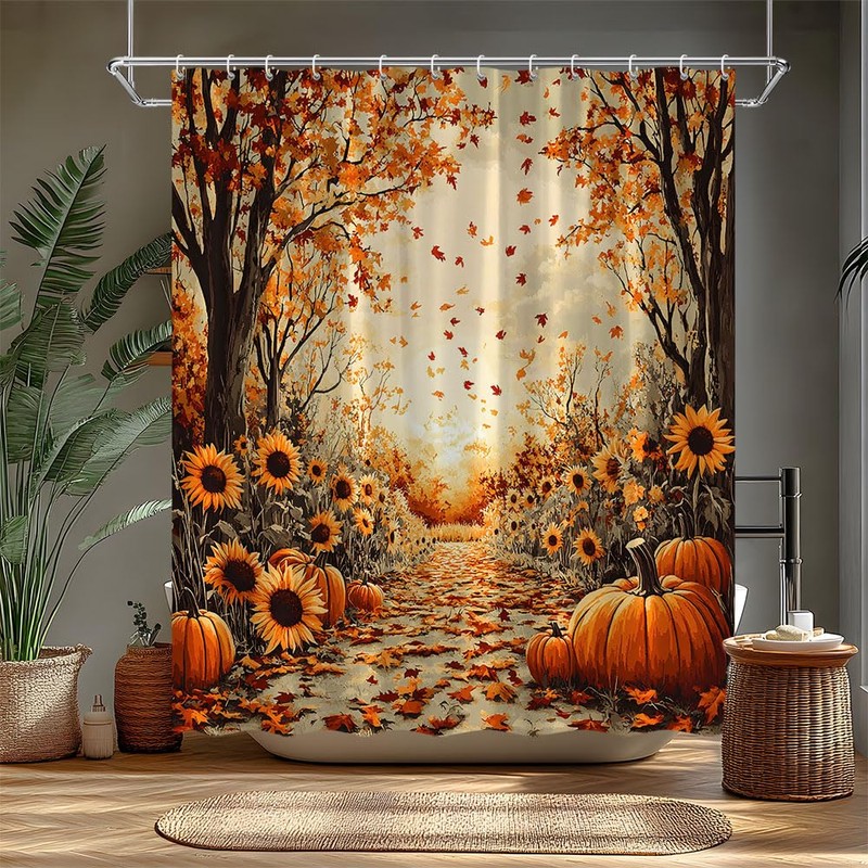 FAXTOZ Fall Shower Curtain Autumn Maple Forest Fallen Leaf Pumpkin