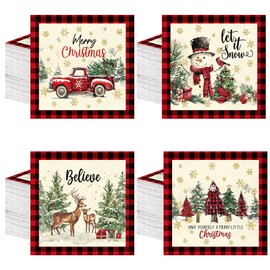 Fulmoon 200 Pcs Christmas Cocktail Paper Napkins Disposable 2 Ply Santa Beverage Napkins Decoupage Xmas Tree Towel for Christmas Party Dinner Table Supplies (Retro Style)