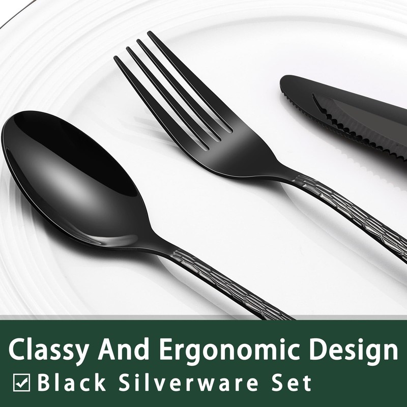 Black Hammered Silverware Set With Steak Knives, 24-Piece Stainless Steel