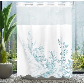 Tititex No Hooks Snap in Liner Spun Sugar Light Blue Eucalyptus Leaves Shower Curtain Sets, Hotel Luxury Double Layers Waterproof Fabric & See-Through Top Window Bathroom Decorative 72x72 Inch