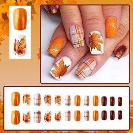 Square Press on Nails Autumn Short Fake Nails with Maple Leaves Design Thanksgiving False Nails Orange Glitter Glossy Acrylic Artificial Nails for Women 24 Pcs