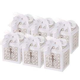 LIHAO 50 x Christening Gift Boxes with Cross Pendants Christening Gift Box Crucifix Candy Box for Communion Wedding Children Christening Party