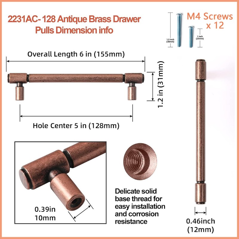 Goo-Ki 6 Pack 5.04"(128mm) c-c Kitchen Cabinet Hardware Antique Copper