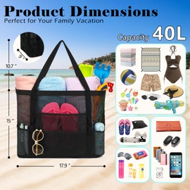 GYEUKHAM Mesh Beach Bag - Large Beach Tote Bag with Multiple Pockets for Family Beach Bag for Toys & Vacation Essentials,Black
