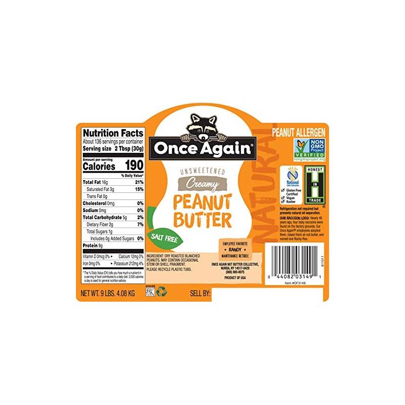 Once Again Natural, Creamy Peanut Butter, 9lb Bucket (same as