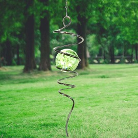 LJLIFART Gazing Ball Spiral Decorative Wind Spinner 13 Inch with Swivel Hook and 2 inch Glow Glass Ball Unique Gift and Hanging Decor for Indoor Outdoor Garden Decoration