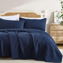 HLC.ME Weston - 3 Piece King Size Quilt Set, Lightweight King Bedspread Coverlet Set (King, Navy Blue)