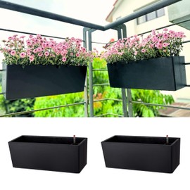 LaLaGreen Deck Railing Planters (2 Pack, 14 Inch) Black Rectangular Window Flower Box with Bracket, Self Watering System Hanging Planter Boxes for Outdoor Plant Pots Container Rail Fence Balcony Herb