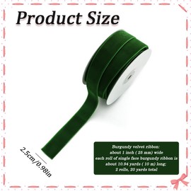 CABODYALS 2 Roll 20M 1 Inch Dark Green Velvet Ribbon Soft Single Sided Ribbon Vintage Soild Fabric Ribbons Bundle Rolls with Spool for Gift Wrapping Christmas Wedding Invitions Cakes Decor DIY