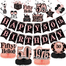 50th Birthday Decoration Party Set - 15 Pcs Rose Gold Hanging Swirls Honeycomb Centerpieces Banners For Women Retro Happy 50th Party Anniversary Fifty Years Old Decoration Supplies