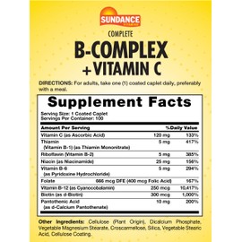 Sundance Complete B-Complex with Vitamin C | 100 Caplets | Essential Vitamin Formula | Vegetarian, Non-GMO, and Gluten Free Formula