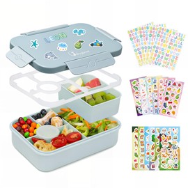 Bugucat Bento Lunch Box 1300ML with 16 Stickers - Leak-Proof with 4 Compartments, Cutlery for Kids and Adults - Snack Box for School, Kindergarten, Office,Blue