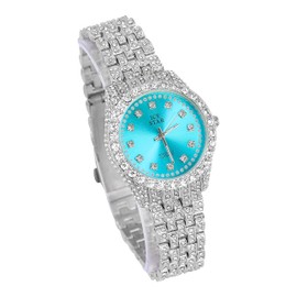 Techno Pave Women's 32mm Iced Out Sleek Diamond Dial Watch - Silver Blue Dial