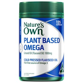 Nature's Own Plant Based Omega Capsules 125 - Contains 1000mg Cold Pressed Flaxseed Oil - Fish Free Source of Omega 3, 6, & 9 Essential Fatty Acids - Supports General Health & Wellbeing