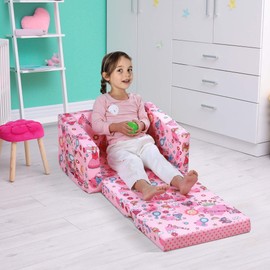 Qaba Kids Fold-Out Couch/Chair Lounger with Space-Themed Washable Fabric & Removable Cushion for 3-6 Years Old, Pink