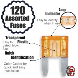 Kit de fusibles Everything Automobiles - 120 fusibles ATM/APM 12V en línea portafusibles 14 AWG - 5 a 30A - Incluye herramienta extractor - Caja resistente
