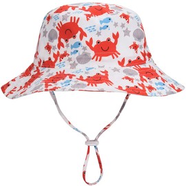 Kids Girls Sun Hat Adjustable - Outdoor Toddler Swim Beach Pool Hat Baby UPF 50+ Wide Brim Chin Strap Summer Play Hat(Crab, 54cm)