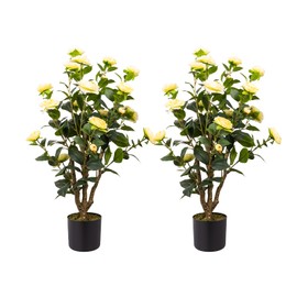 Howngyesimu Artificial Camellia Tree, 3FT Yellow Fake Tree Blooming Camellia Flower Plant for Spring Home Front Door Outdoor Indoor Decoration