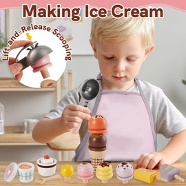HERSITY Wooden Ice Cream Counter Pretend Play Food for Toddlers 3-5, Ice Cream Shop Stand Popsicle Toy Set Gifts for 3+ 4 5 6 Year Old Girls Boys, Pink