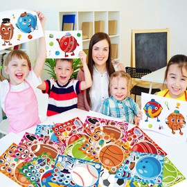 24 Sheets Make Your Own Ball Sports Stickers, Make a Face Basketball Baseball Rugby Volleyball Soccer Stickers Mix and Match Ball Sports DIY Sticker for Theme Birthday Party Supplies