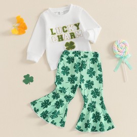 Toddler St Patricks Day Outfit Lucky Charm Long Sleeve Sweatshirt Shamrock Flared Pants Clothes Set (Green, 3-4 Years)