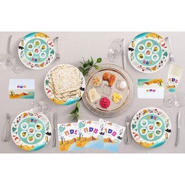 The Dreidel Company Passover Disposable Seder Plate Set - Ten Plagues Design - 9" and 7" Plates, Cups, Napkins and Place Cards, 120 Piece Set, Serves 24 People