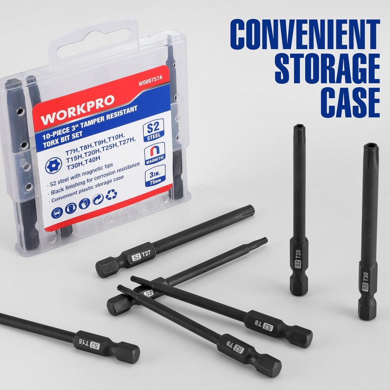 WORKPRO 10pcs Security Torx Bit Set, CNC Machined S2 Steel