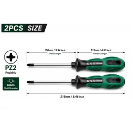 2PCS Pozidriv PZ2 Screwdrivers for Pozi Screw, S2 Steel, 100mm