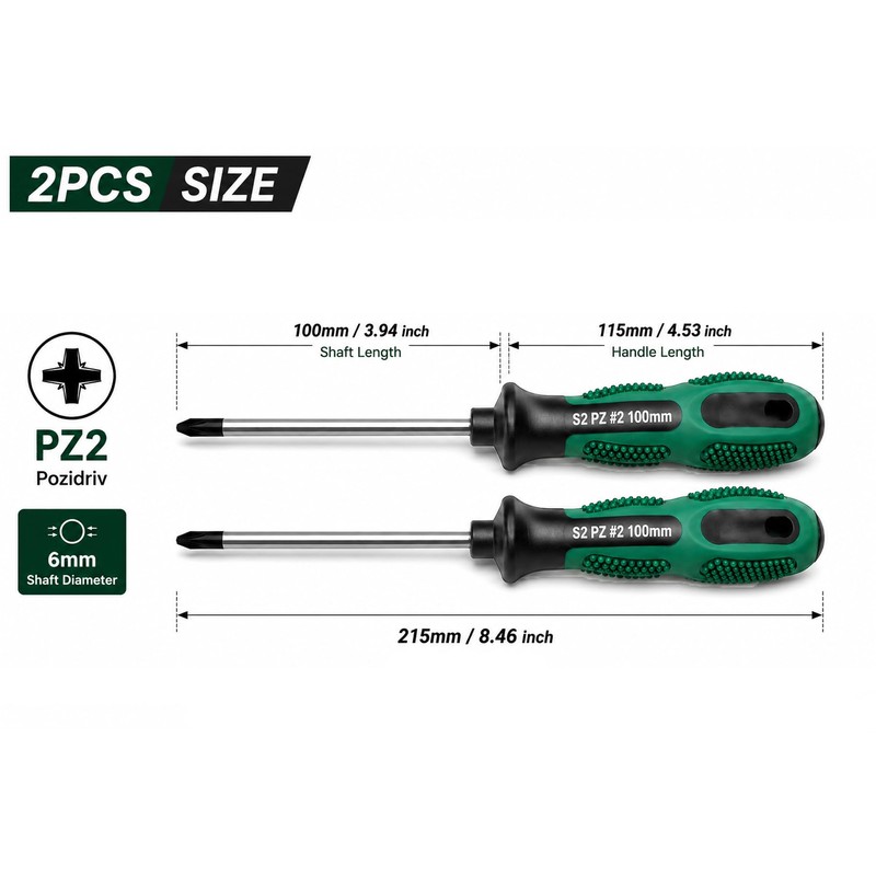 2PCS Pozidriv PZ2 Screwdrivers for Pozi Screw, S2 Steel, 100mm