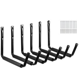 muyimu Kayak Heavy Duty Jumbo Arm Utility Hooks, 15Inches Wall Mounted Canoe Storage Hanger Utility Organizer for Paddle Board, Surfboard, Snow Board, Wake Board (Black, 6 Pack with Protector)