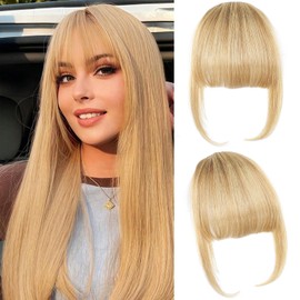 Berracy Bangs Hair Clip in Bangs 100% Real Human Hair Extensions Fake Thin French Bangs Fringe with Temples Curtain Flat Neat Front Thick Hairpieces for Women Kids Daily Wear Ash Blonde