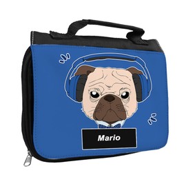 Kulturbeutel mit Namen Mario und schönem Motiv - Mops mit Kopfhörer - für Jungen | Kulturtasche mit Vornamen | Waschtasche für Kinder