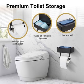 Beileqi 2 Pack Matte Black Toilet Paper Storage Holder with Shelf for Wet Wipes, Sanitary Tampon, Trash Bags, Bathroom Wipes Holder Accessory Space Saver and Organizer