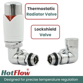 Hot Flow White Marella 3 Modern Thermostatic Radiator Valve Corner TRV. Includes Corner TRV Body, Wheel Head & Lock Shield for Quick & Easy Temperature Control.