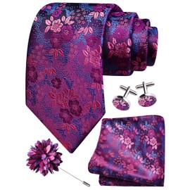 Gusleson Mens Red Purple Tie for Wedding Silk Floral Necktie Pocket Square Cufflinks and Lapel Pin Brooch Set (UK6107-31)