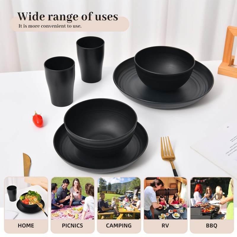 32 Piece Wheat Straw Dinnerware Set - Black Plates and