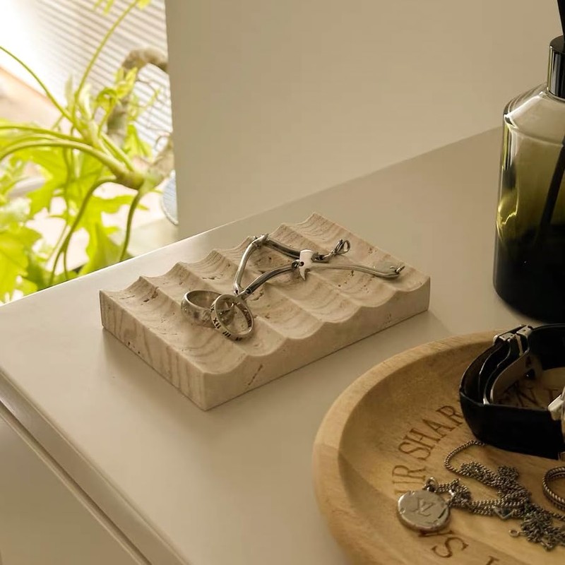 PHINILUX Luxury Travertine Soap Dish Marble Jewelry Ring Tray -
