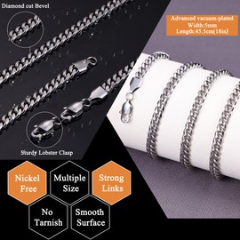 LOYALLOOK Italian Diamond Cut Cuban Link Curb Chain Necklace for Men Women Stainless Steel Curb Cuban Link Chains Necklace Hip Hop Chain 18 Inch Silver Tone 5MM