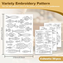 DOODLREAM 30Pcs Fish Water Soluble Hand Sewing Stabilizers, 21 x 29.7cm Sea Animal Minimalist Embroidery Pattern Stabilizer, 4 Sheets Line Fish Stick and Stitch Embroidery Paper Sticker